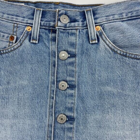 LEVI'S Premium Button Front Denim Mini Skirt Sz 24 Frayed Cut Off Hem - Picture 4 of 7